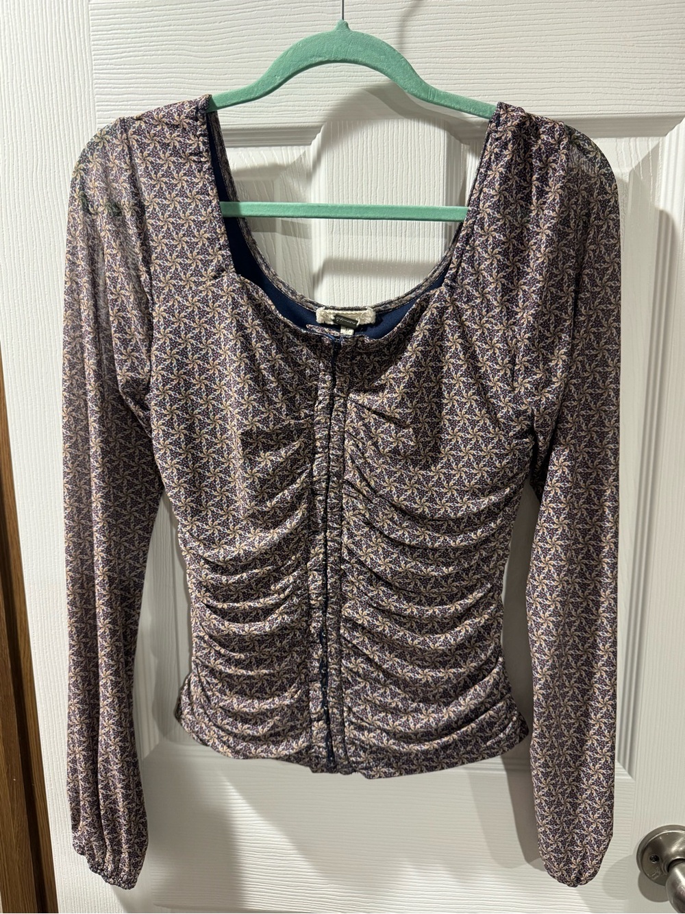 gimmicks by BKE Navy and Lavender Ruched Scoop-Neck Blouse